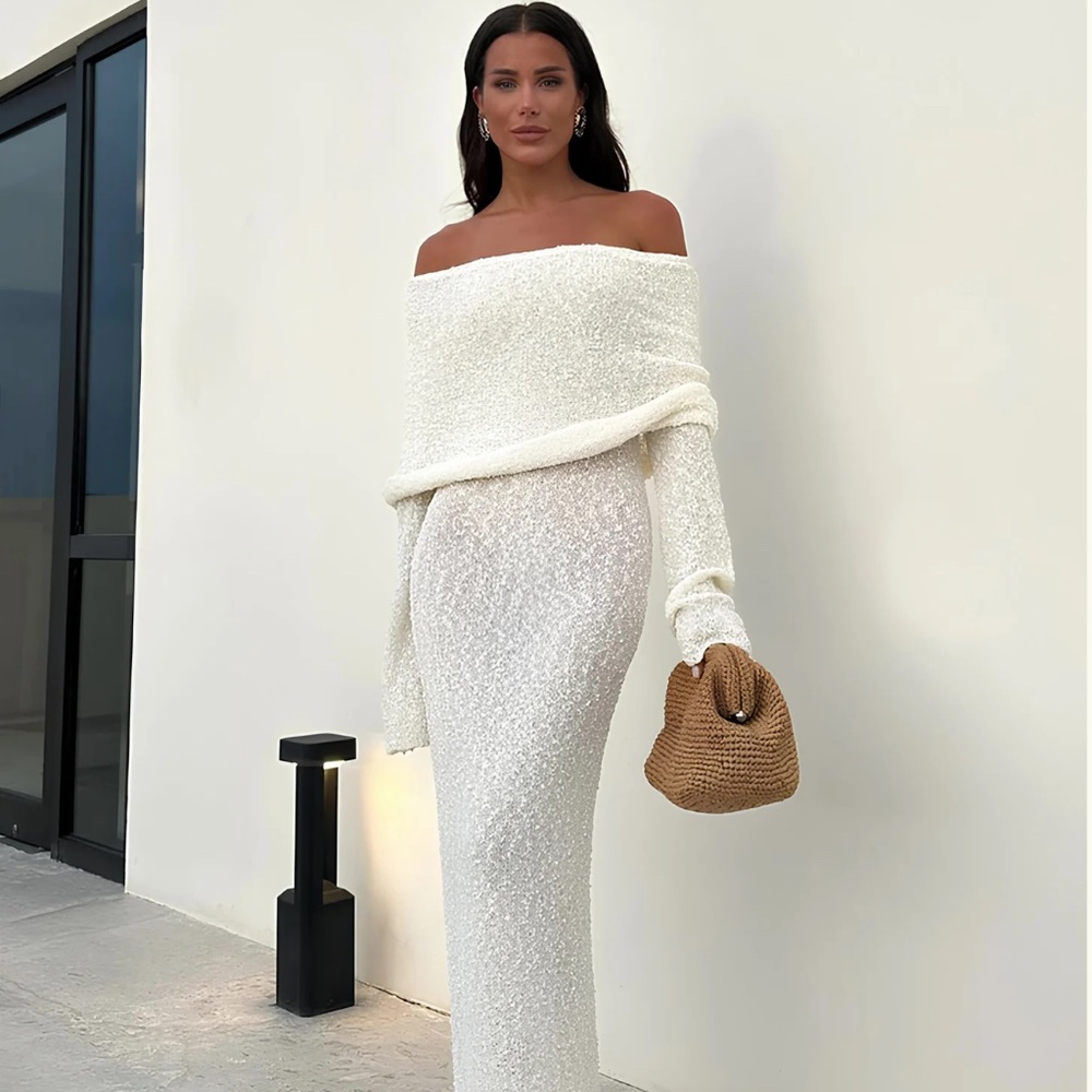 MESHKI- Off Shoulder Boucle Maxi Dress